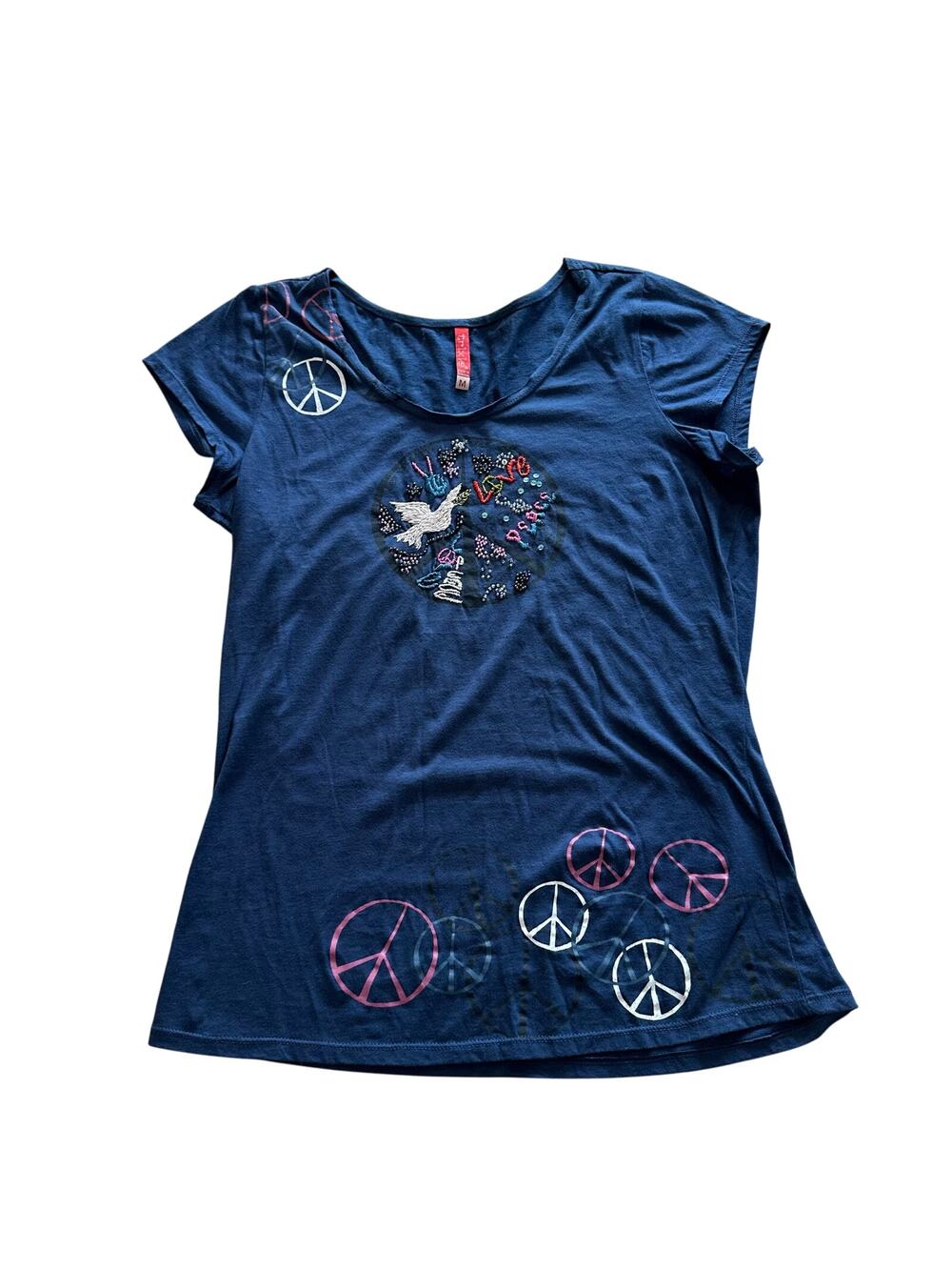 Trixie Peace & Love Embroidered Beaded Boho Baby Doll T-shirt Navy M